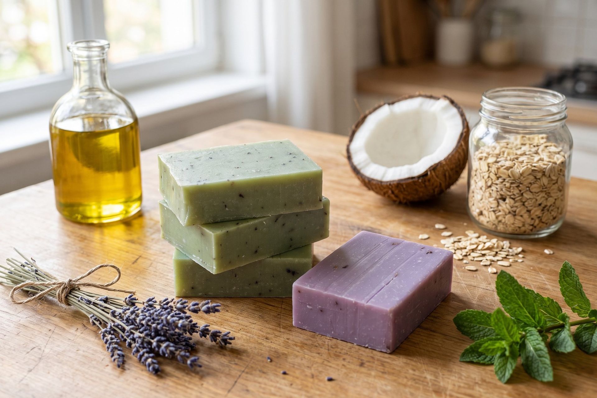Handmade bars of soap with oats, coconut, lavender and mint