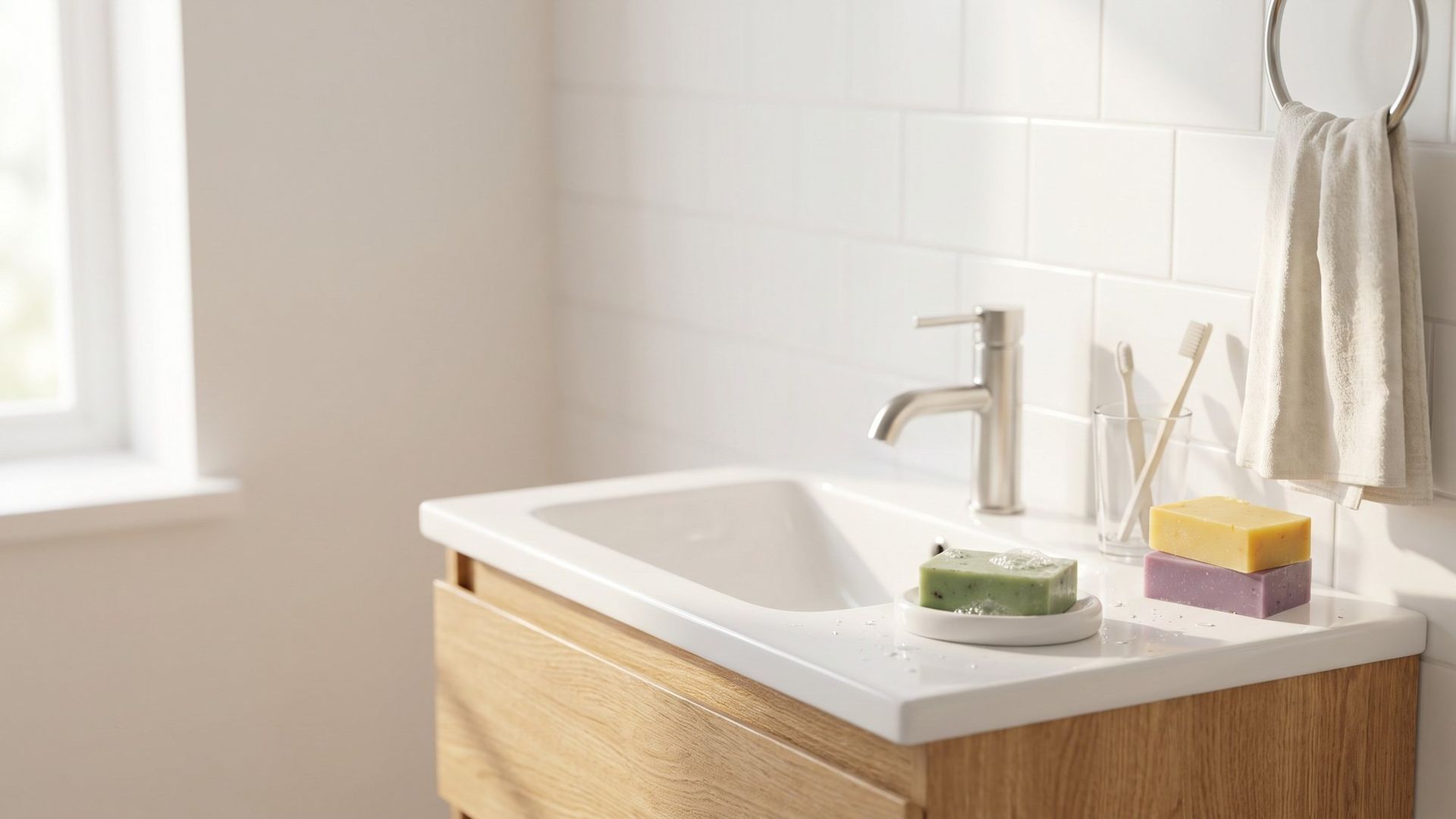Sensible Co. bars by a bathroom sink